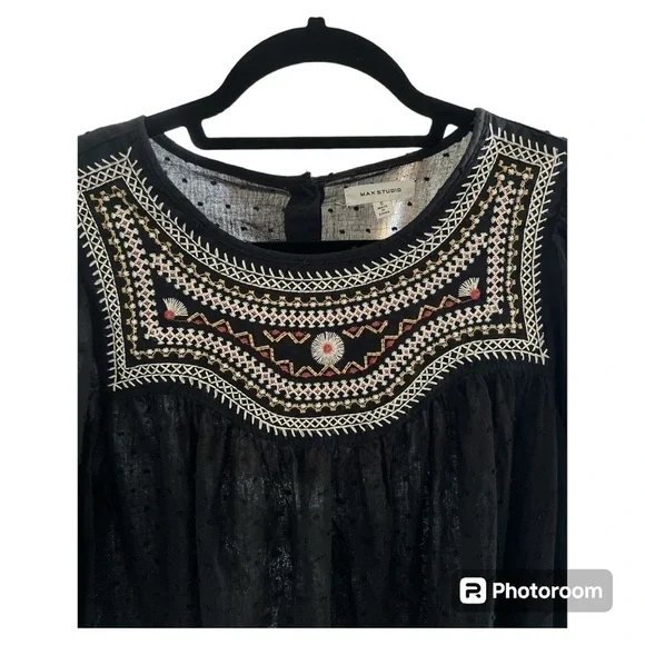 Max Studio black boho Swiss dot embroidered top Small - Picture 2 of 5
